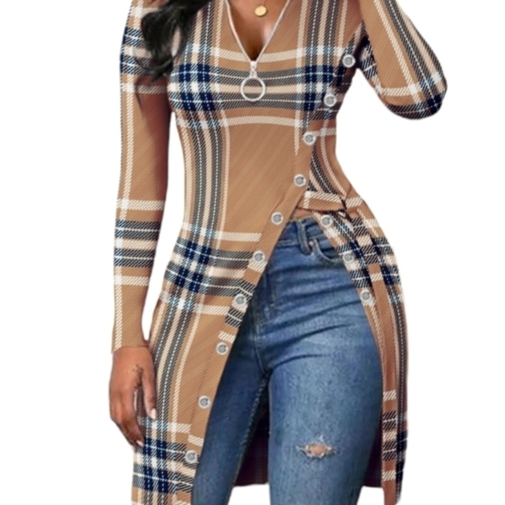 Plaid‎ Print High Split Zip Front Top (NWOT)